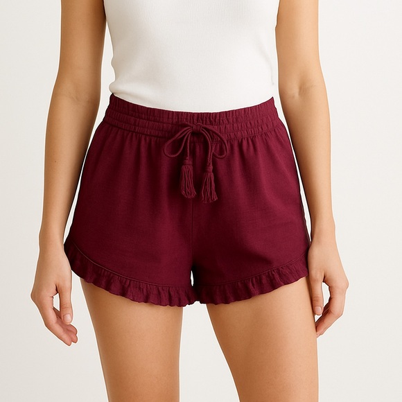 No Boundaries Pants - Juniors No Boundaries Pull On Shorts Fringe Hem Tassel Drawstring Maroon Red XL